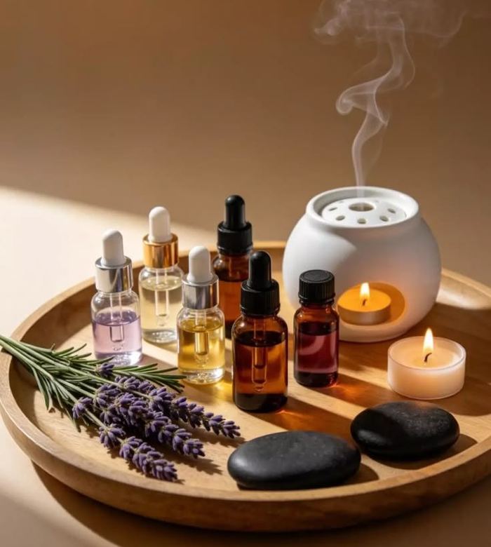Essential oil bottles, lavender and an oil burner on a wooden tray