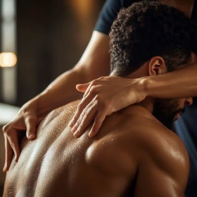Male client receiving a firm shoulder and upper back massage